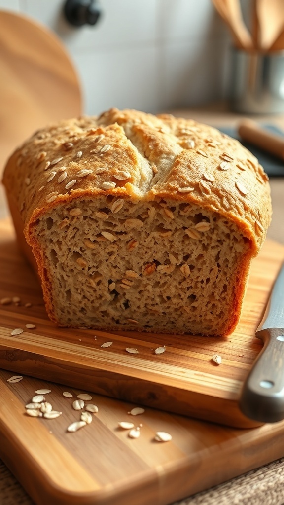 A loaf of oatmeal bread sliced on a cutting board, showcasing its soft texture and oats.